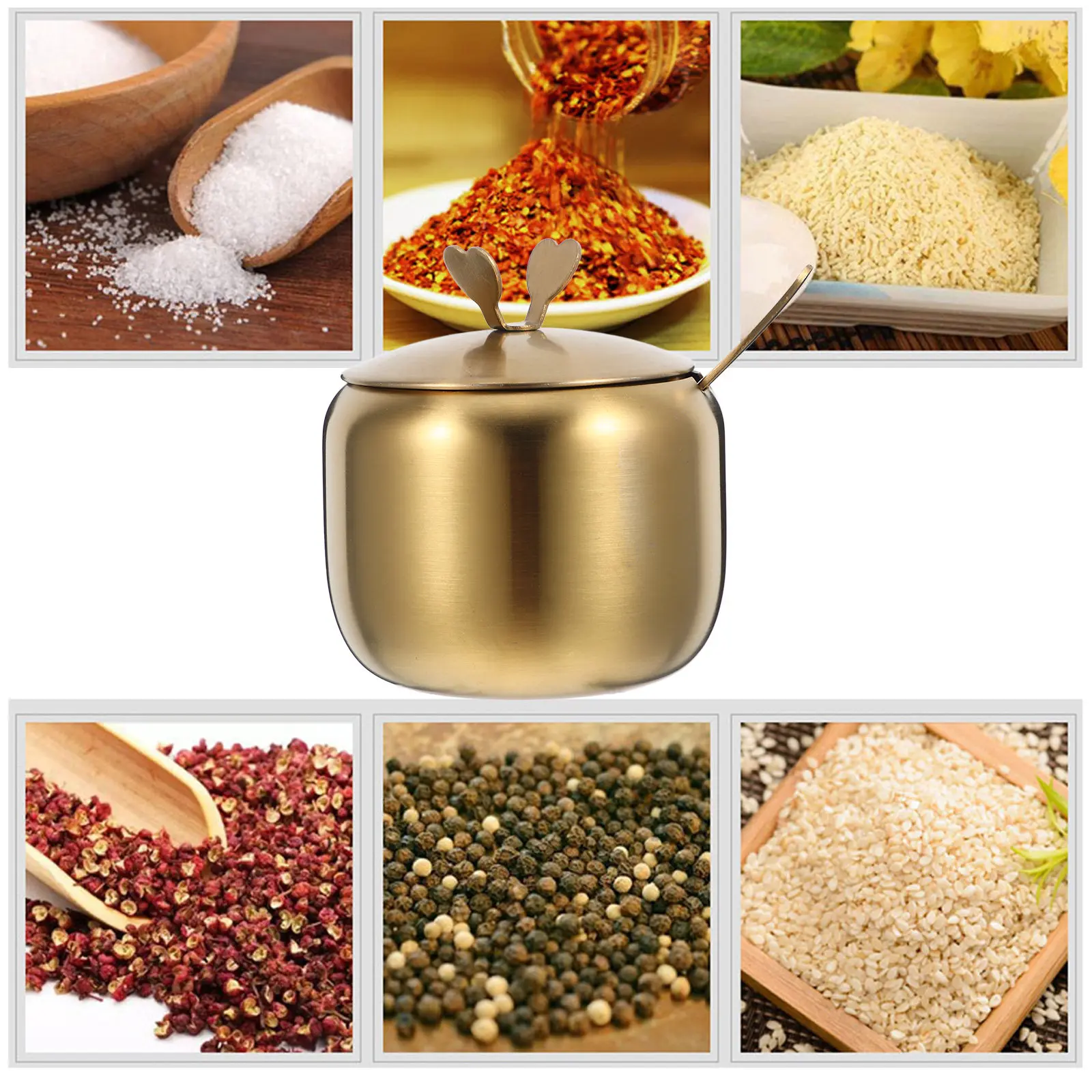 Stainless Steel Sugar Bowl Lid Spoon Multipurpose Seasoning Box Salt Spice Container Kitchen Condiment Pot Storage