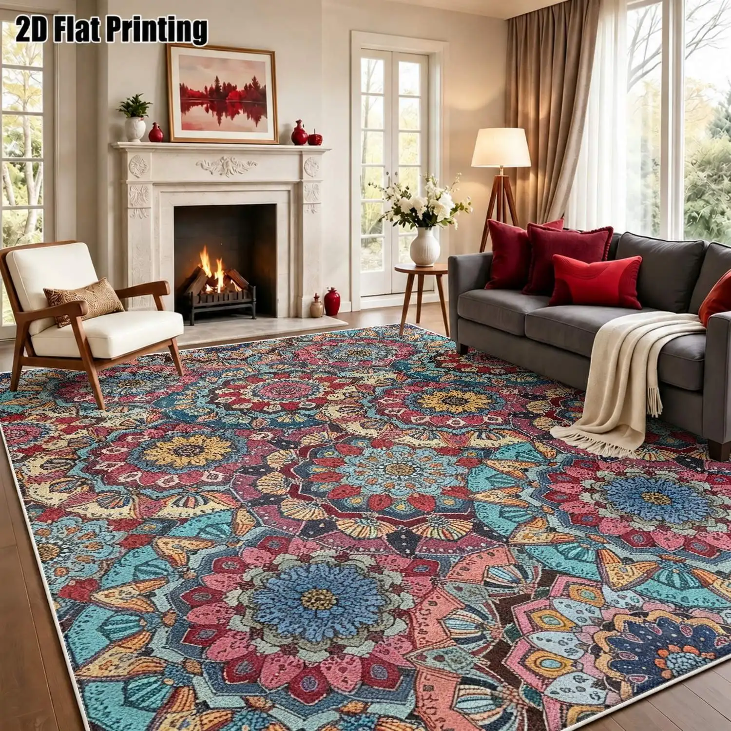 1Pc 2D Printed Retro Bohemian Floral Velvet Carpet, Multi-Size Machine Washable, for Home Decor & Multi-Scenarios