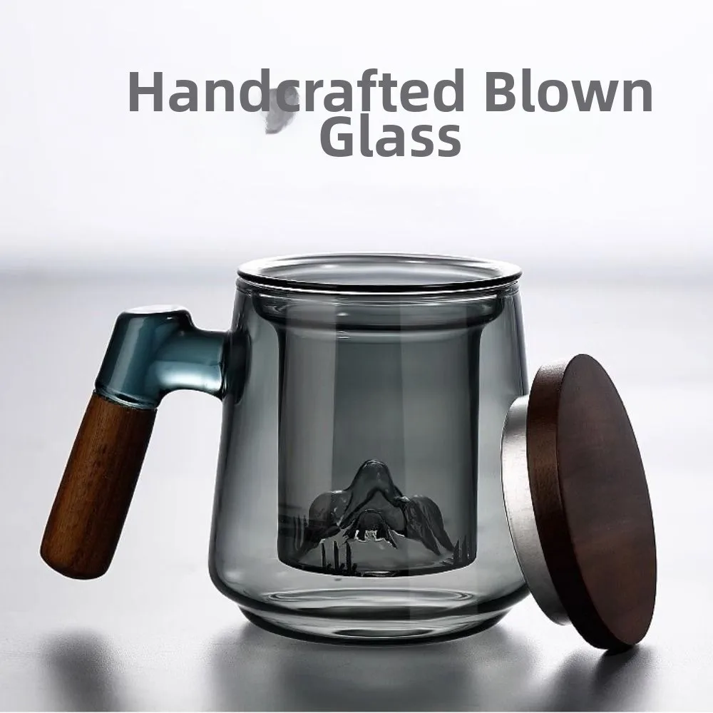 

Чайная чашка из боросиликатного стекла с заварником для чая с деревянной ручкой и крышкой, прозрачный чайник ручной работы, дизайн горного вида