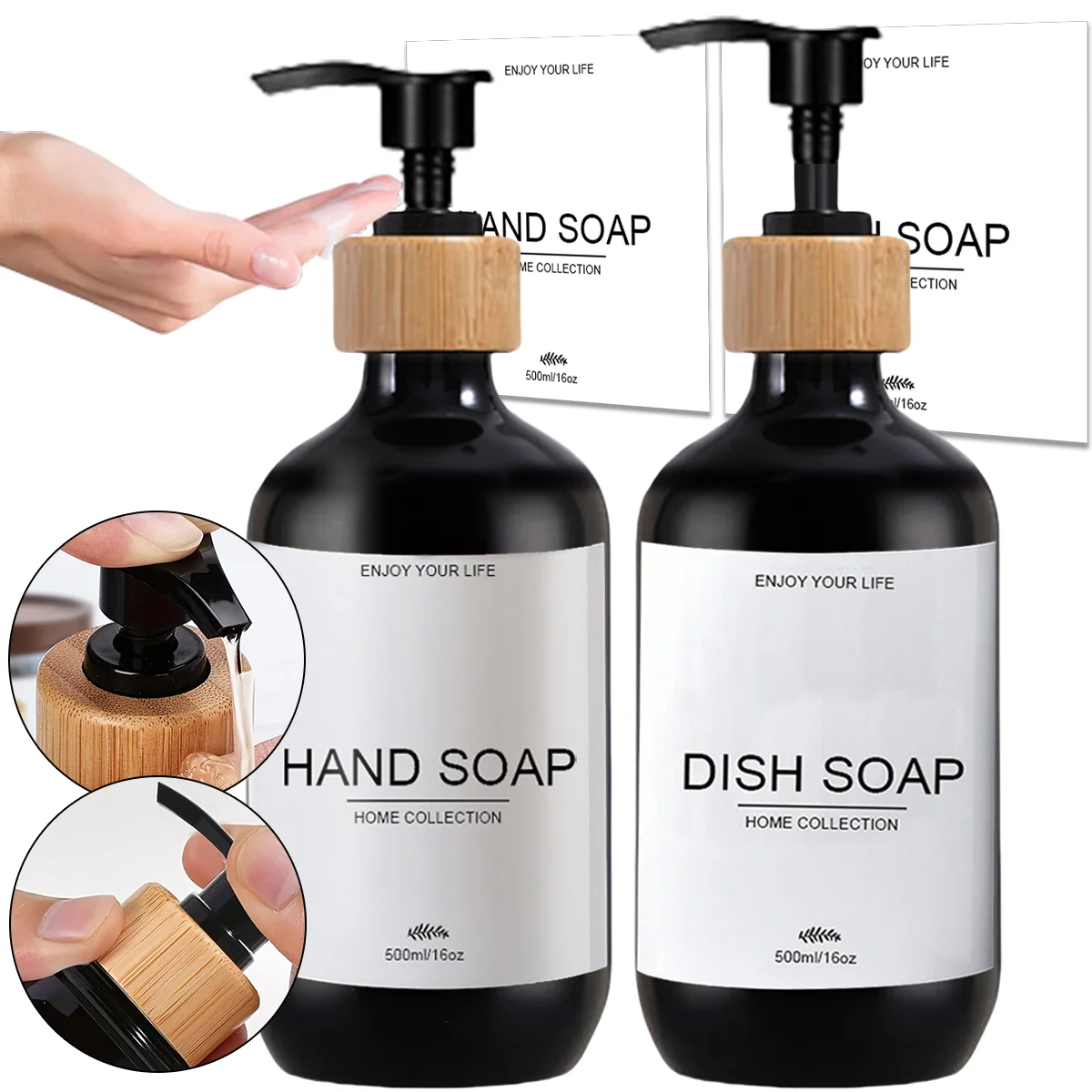 Black Soap Dispenser Set Kitchen Hands and Dish Soap Pump Dispenser Bathroom Hand Soap Bottle with Waterproof Label Sticker