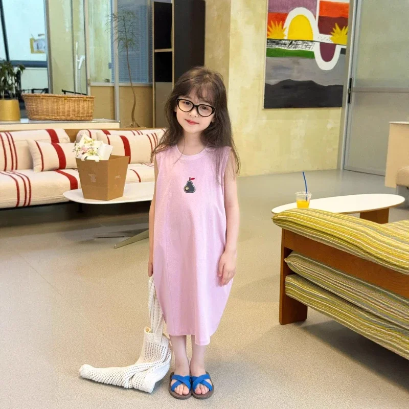 

2025 Hot Summer Girls' Daily Simple Cartoon Sticker Embroidered Patchwork Design Dress