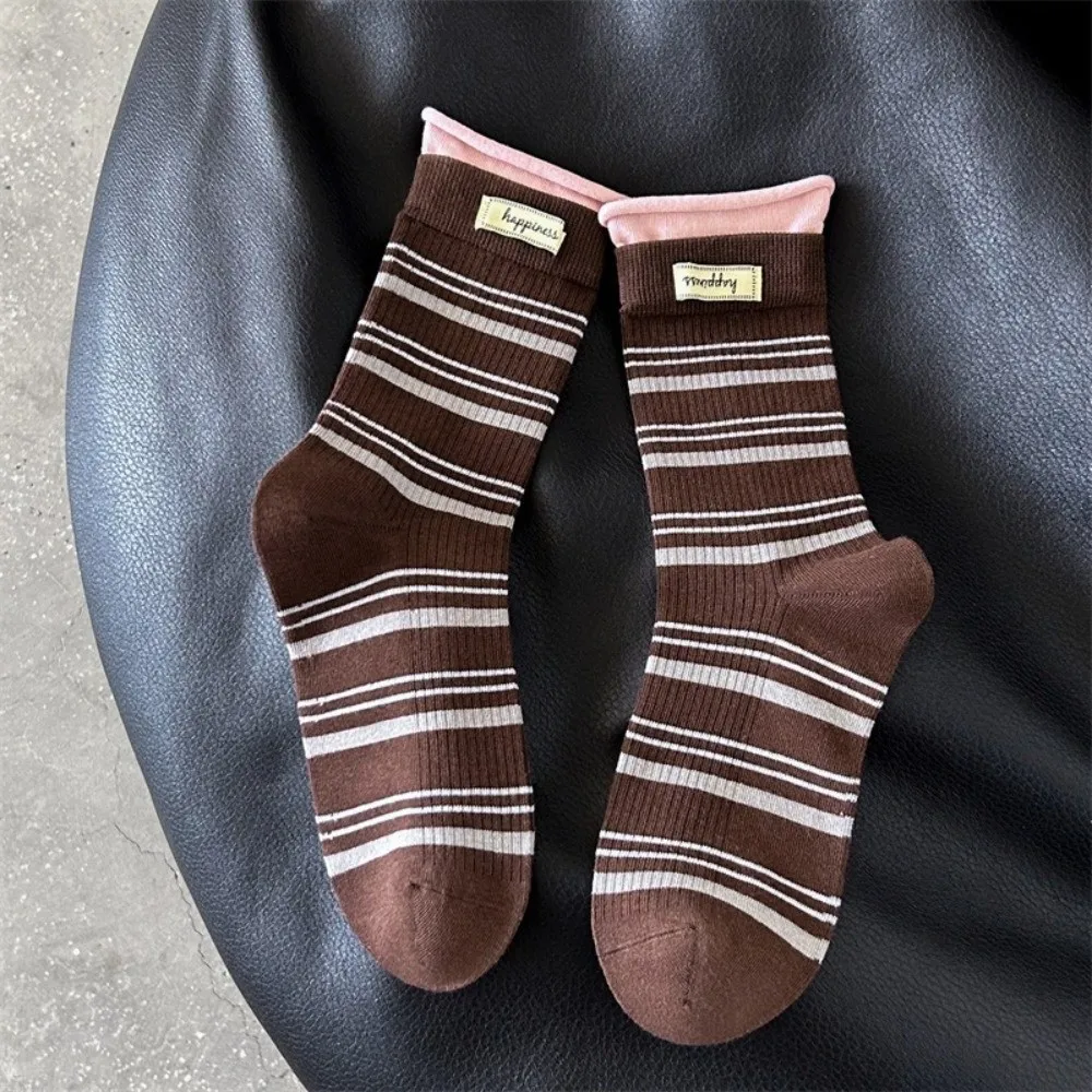 Fake Two-Piece Design Crew Socks Soft Knit Texture Striped Pattern Knitted Socks Mid-Calf Length Stacking Socks Casual Wear