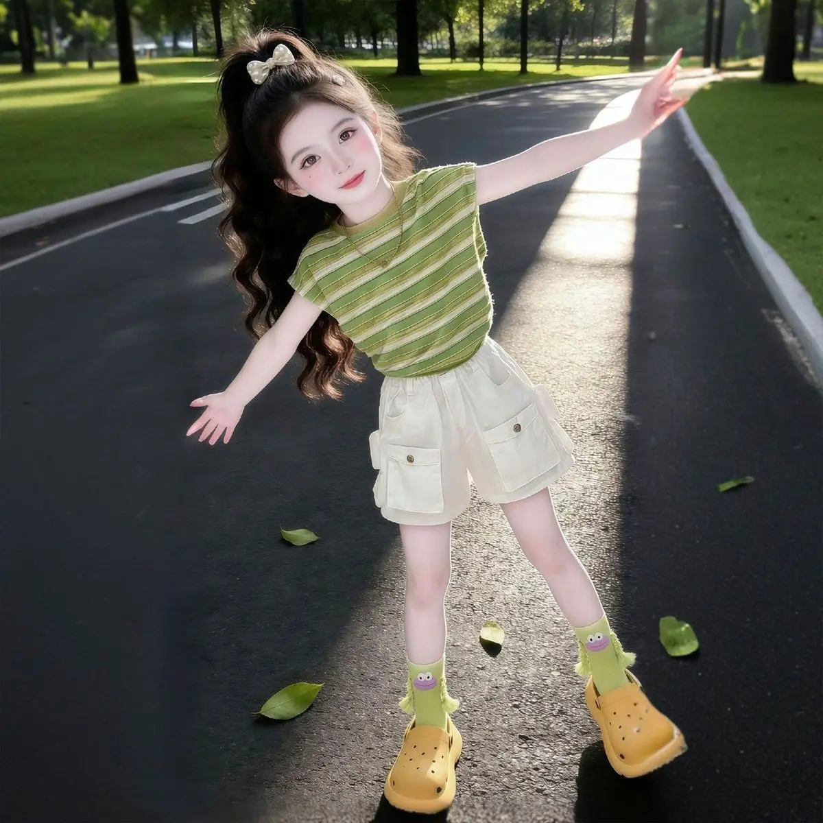 2026 summer girls Clothes Child set sleeveless Suit Teen batwing striped t shirt crop top +loose shorts pants 4 8 10 12 14 years