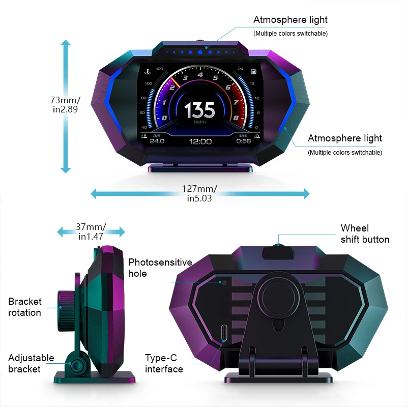 OBD + GPS HUD P24 Автомобильный OBD Проекционный дисплей HUD Бортовой компьютер Цифровой спидометр Температура воды Измеритель наклона потребления топлива