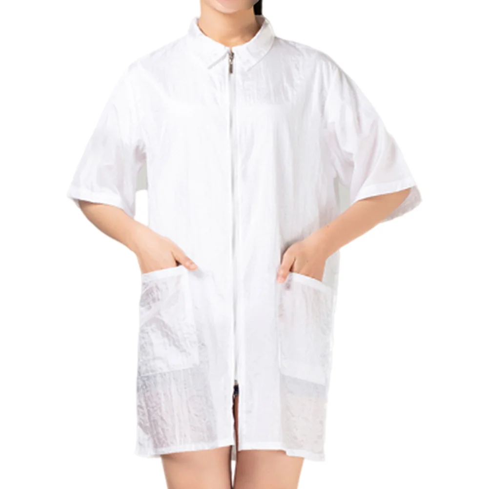 Roupas de tintura de cabelo branco xl, à prova d'água, manga curta, uniforme de barbeiro, gola virada para baixo macio com bolso para homens e mulheres, roupa de trabalho