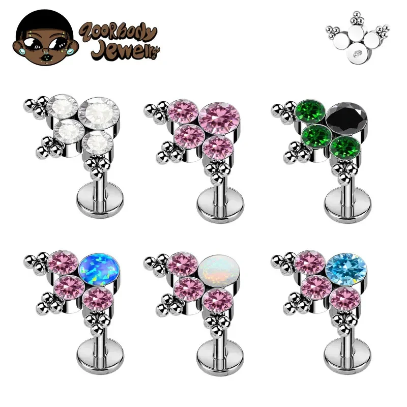 G23 Titanium Triple Beaded Piercing 16G 18G Internal Thread Labret Opal Zirconia Flat Bottom Stud Earring Piercing Body Jewelry