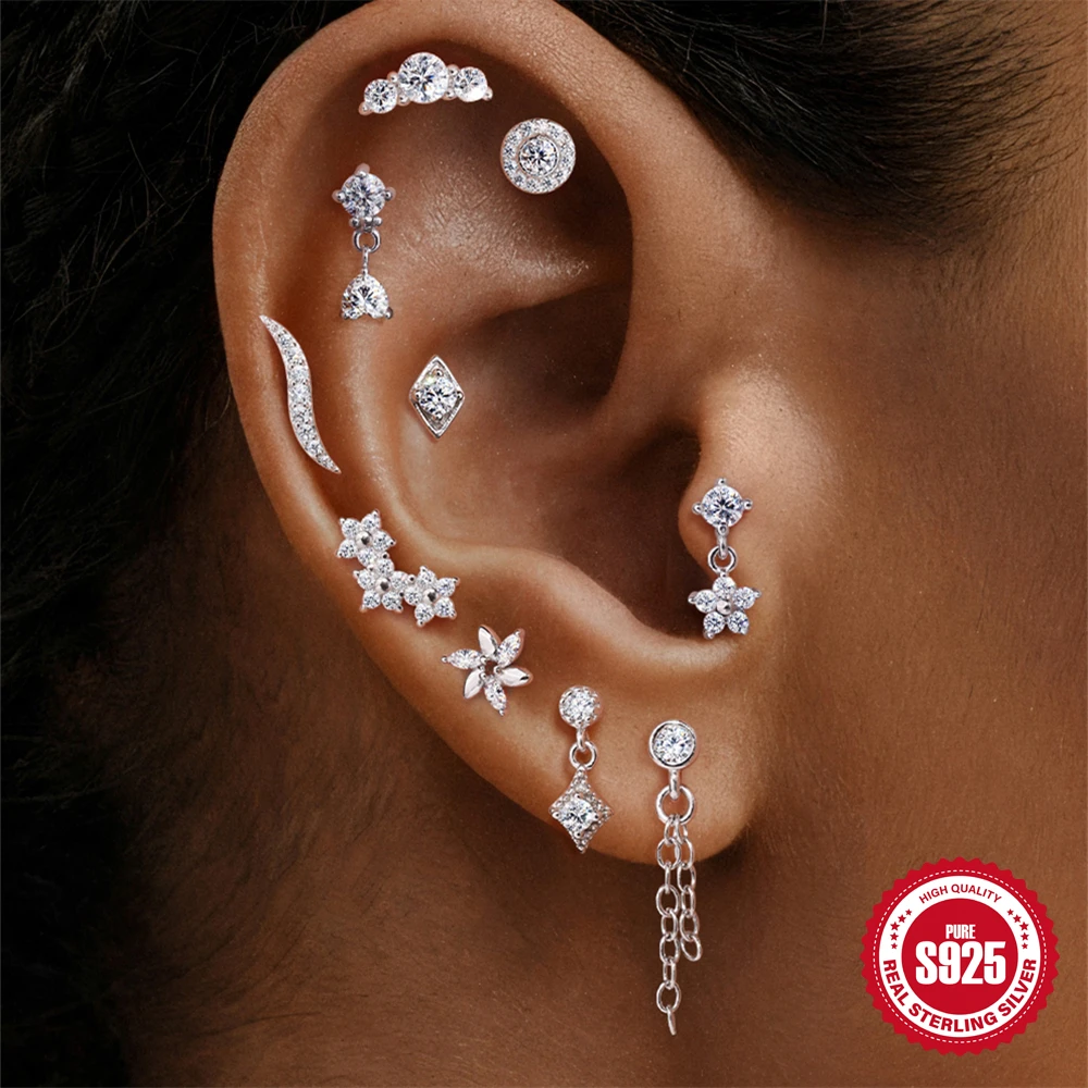AIDE Moissanite 925 Sterling Silver Geometric Tassel for Women Flat Back Piercing Earring Stud Helix Flower Pendant Fine Jewelry