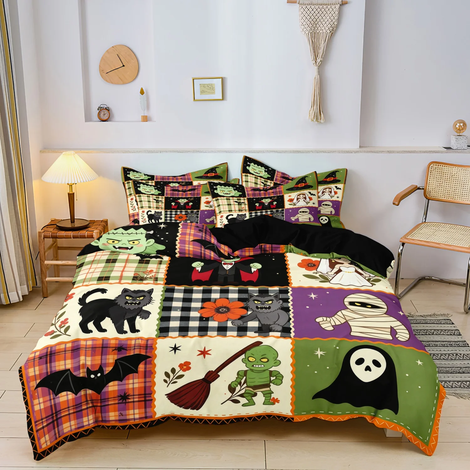 3‑Piece Duvet Cover Set, Patchwork Halloween Monster Vampire Mummy Werewolf Bat Witch Broom Plaid Floral Print Bedding