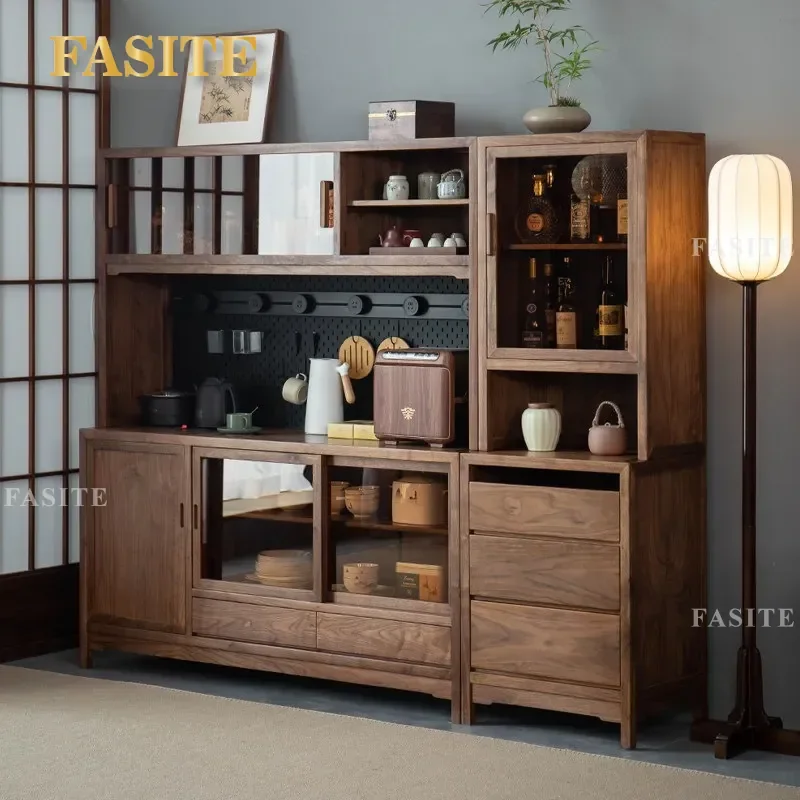 for North American Black Walnut Solid Wood Dining Side Cabinet Integrated High Wall Unit New Chinese Style Living Room Glass
