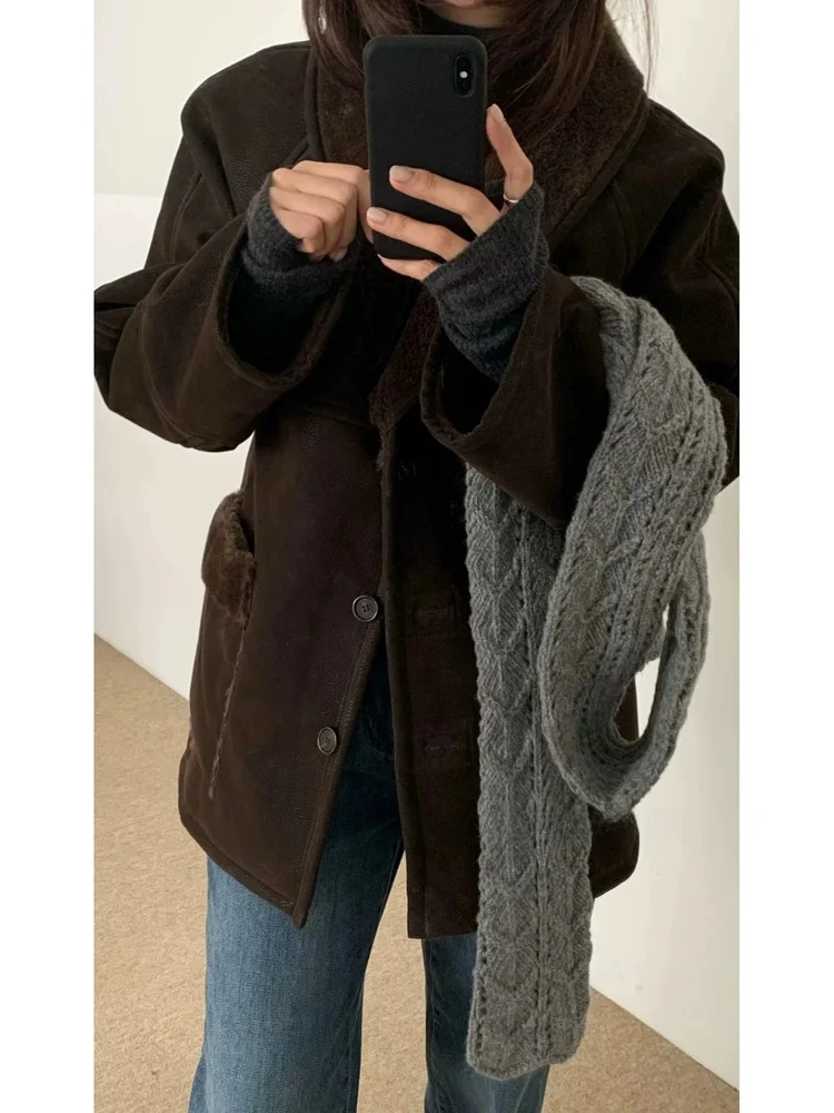 معطف نسائي من جلد الغنم PU فضفاض مناسب عتيق معطف دافئ طويل بأزرار إغلاق متوسطة الطول #5