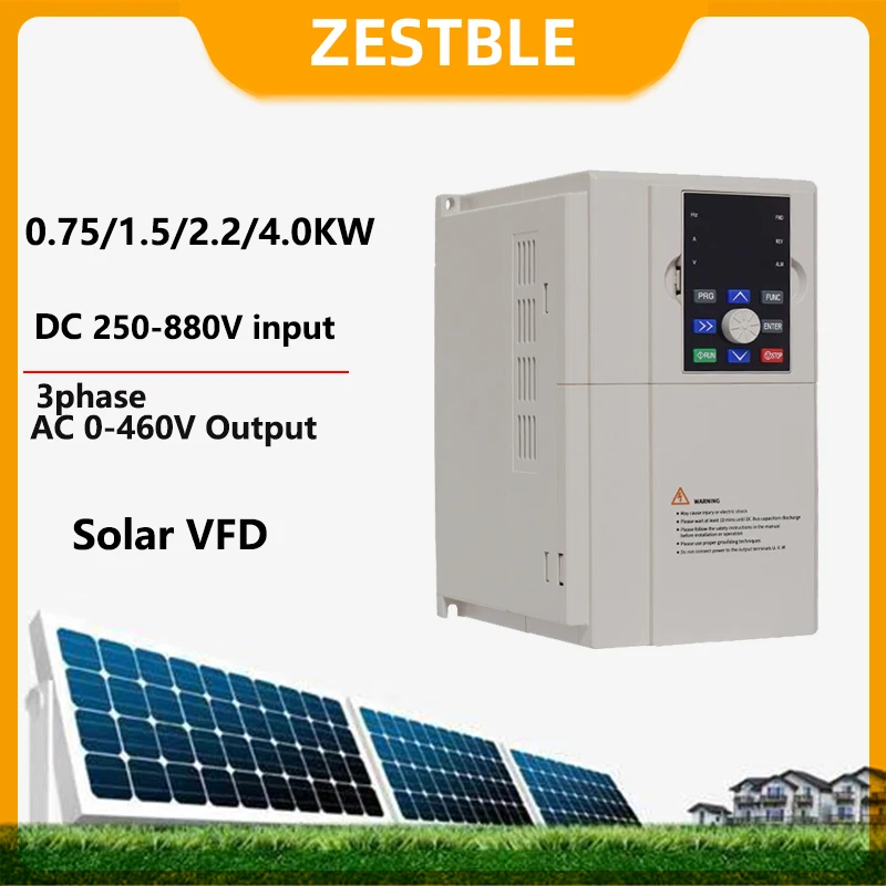 Solar VFD DC250-880V to 3PH 380V 0.5/1/2/3HP Variable Frequency Drive Converter for Motor Speed Control Inverter