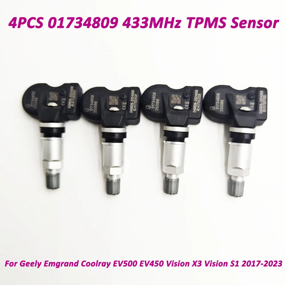 High Quality 4Pcs 01734809 TPMS Tire Pressure Sensor 433MHz For 2017-2023 Geely Emgrand Coolray EV500 EV450 Vision X3 S1 1017034