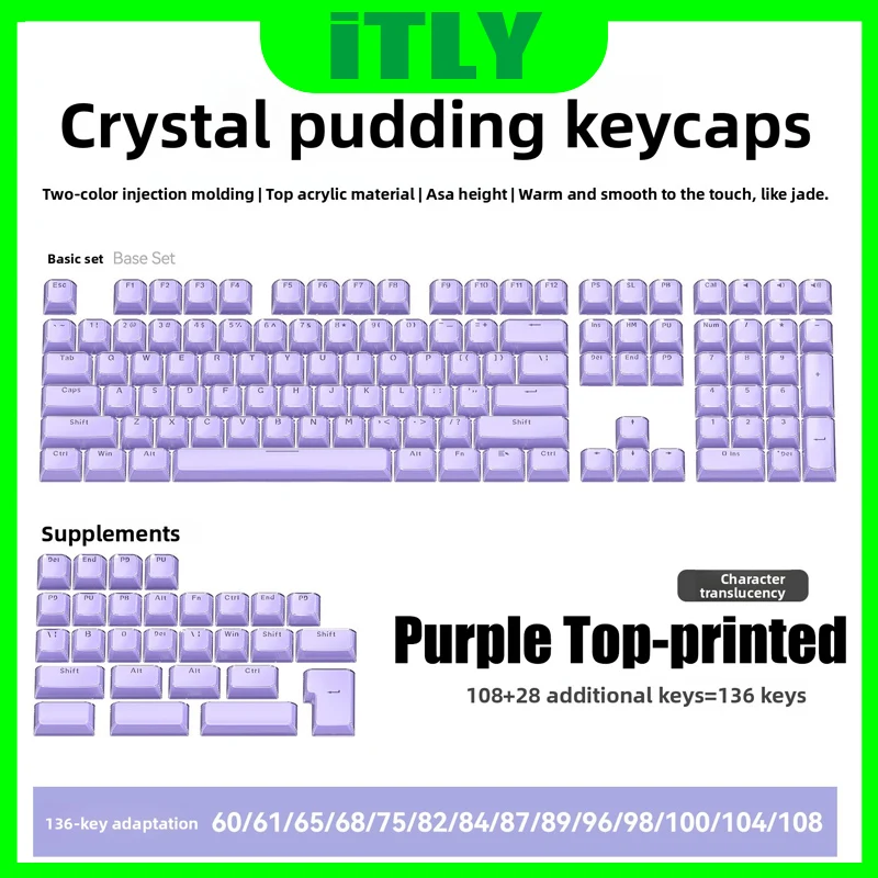 

Механические колпачки для клавиатуры с боковой печатью, сверху, с кристаллическим желе, двухслойные колпачки для клавиш с цветочным узором, OEM-профиль, верхняя часть, 136 клавиш