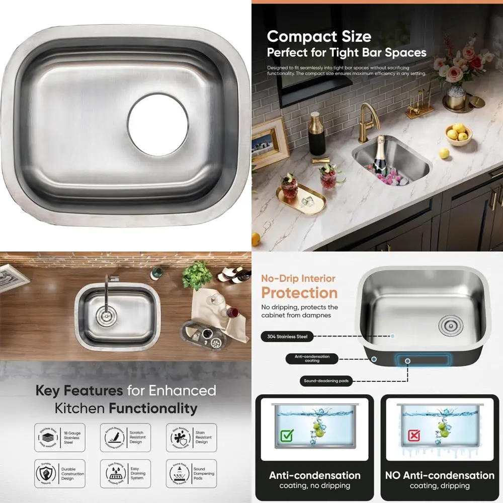 

Single Bowl Undermount Stainless Steel Kitchen Sink, 18 Inch, 18 Gauge, 304 Grade, Bar Style Sink for Modern Kitchens