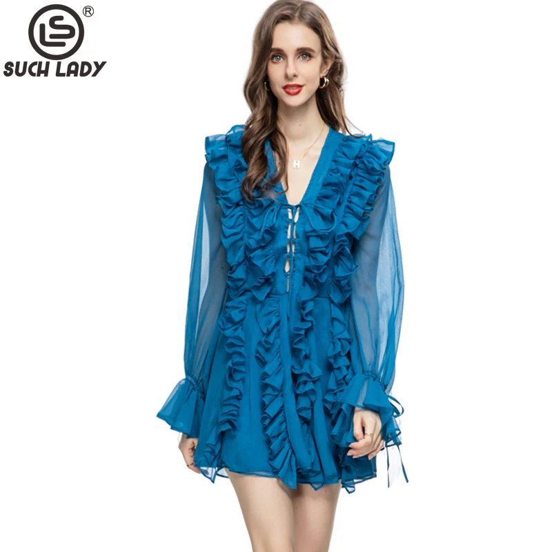 

Women's Runway Dresses V Neck Long Sleeves Ruffles Lace Up Fashion Designer Short Vestidos Homecoming Dress