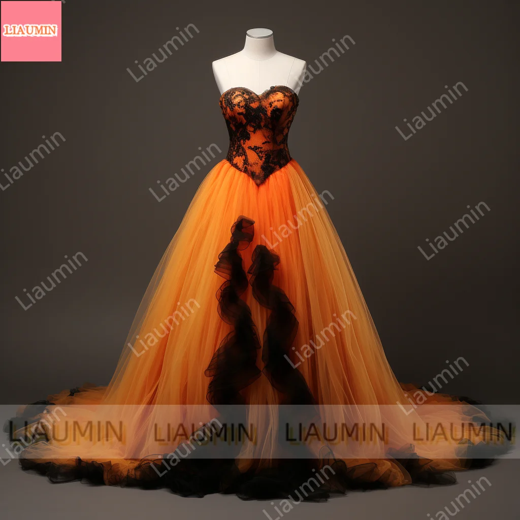 Orange and Black Lace Applique Tulle Ball Gown Full Length Evening Party Clothing Formal Prom Dress Hand Made Customized W2-16