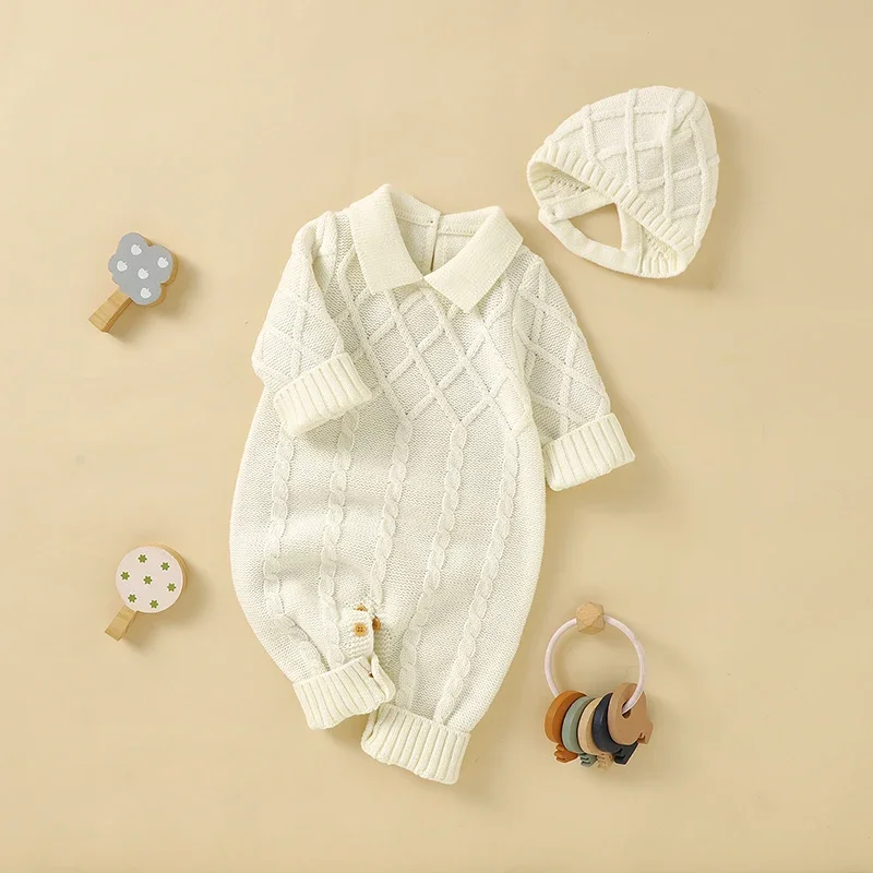 Newborn Boys Turtle Neck Long Sleeves Jumpsuits Hats Outfits Sets Winter Infant Outwear Playsuits 0-18m Autumn Baby Rompers Knit