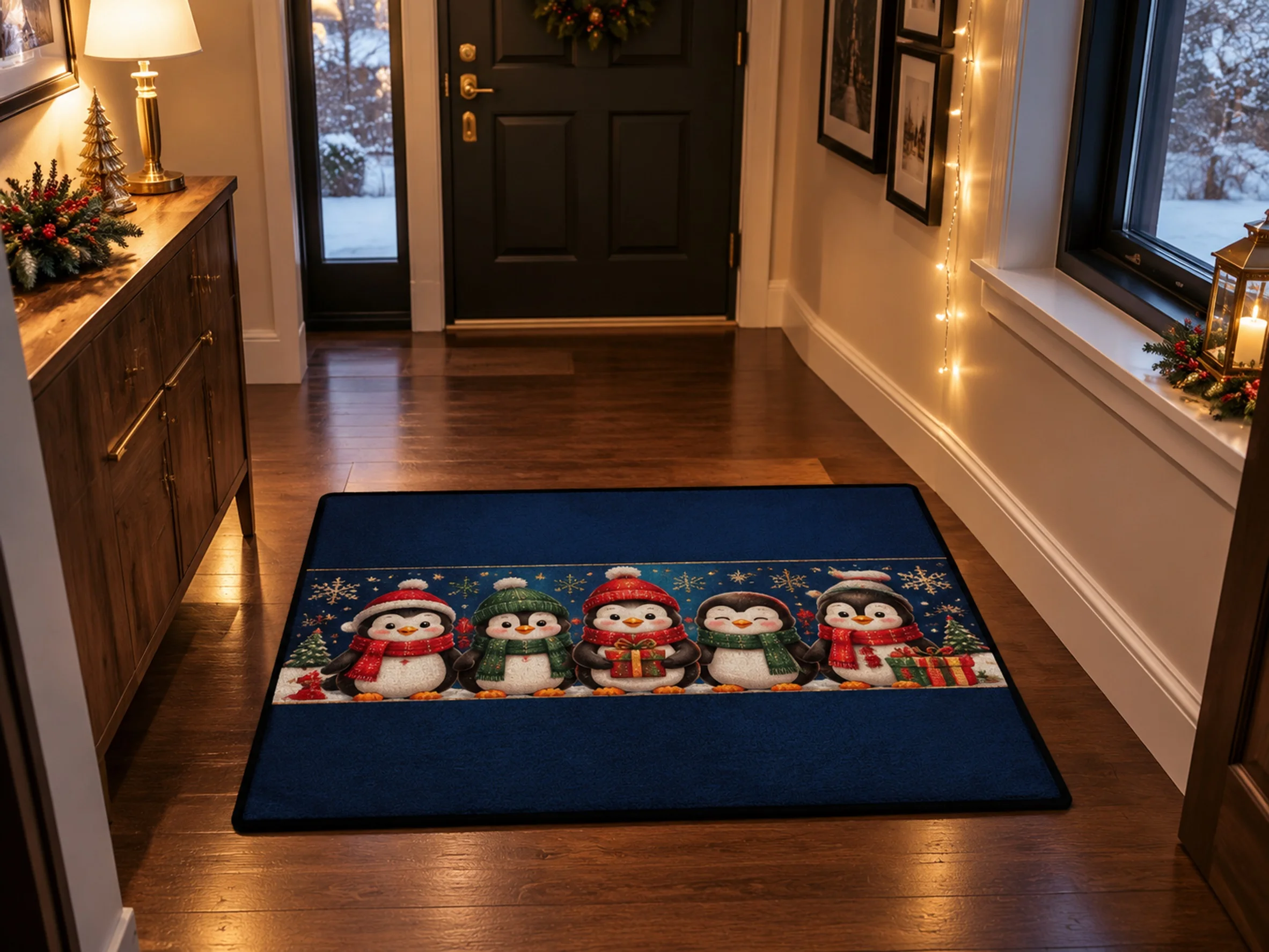 VIKAMA Christmas Midnight Blue Penguin Flannel Door Mat, Anti-Slip Washable Xmas Rug, Xmas Decor for Bathroom, Hallway, Bedroom