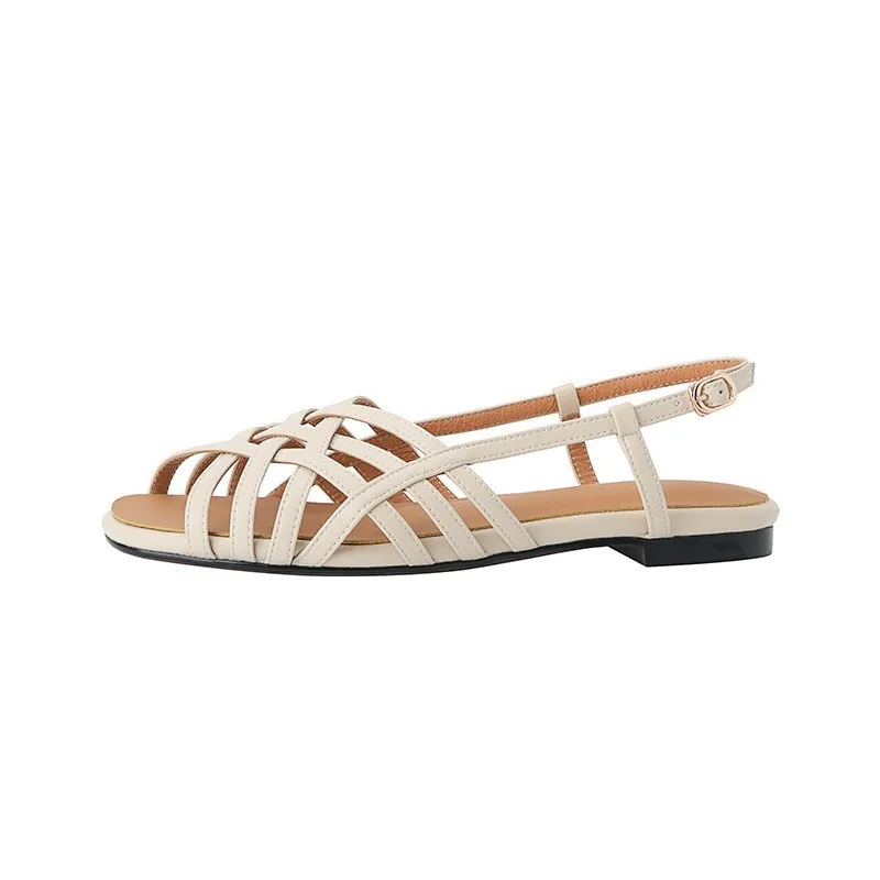 Roman woven sandals women\'s summer flat soft sole women\'s low heel hollow out beige sandals shoes C039