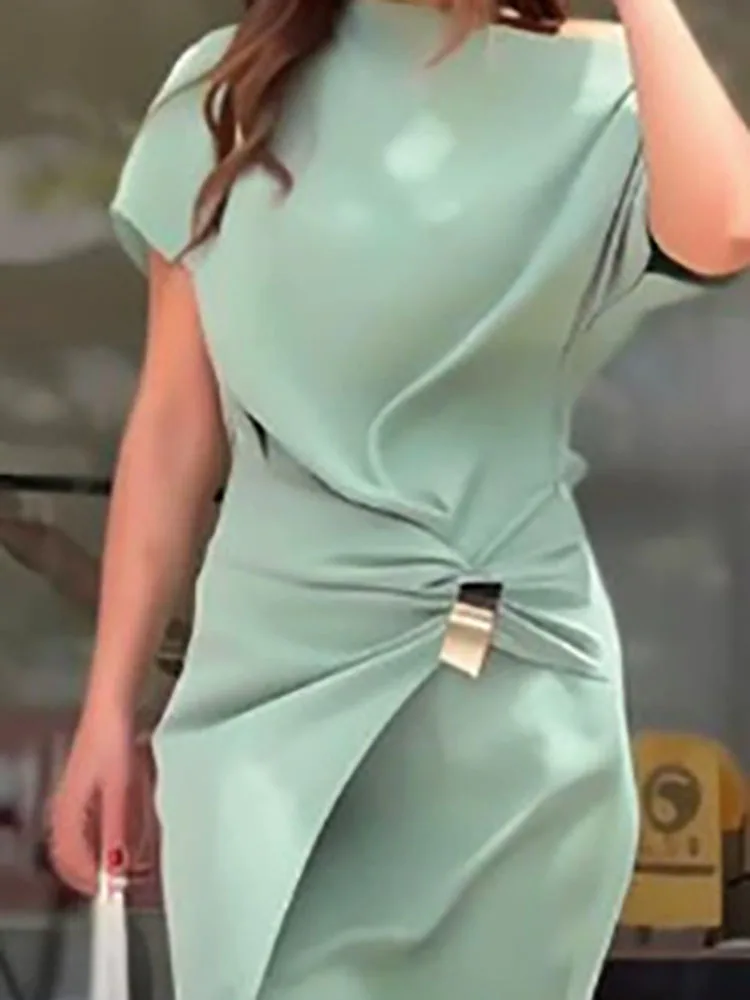 

Сексуальное однотонное длинное платье с косым воротником для женщин, повседневное драпированное вечернее платье с короткими рукавами, элегантное темпераментное платье макси с разрезом