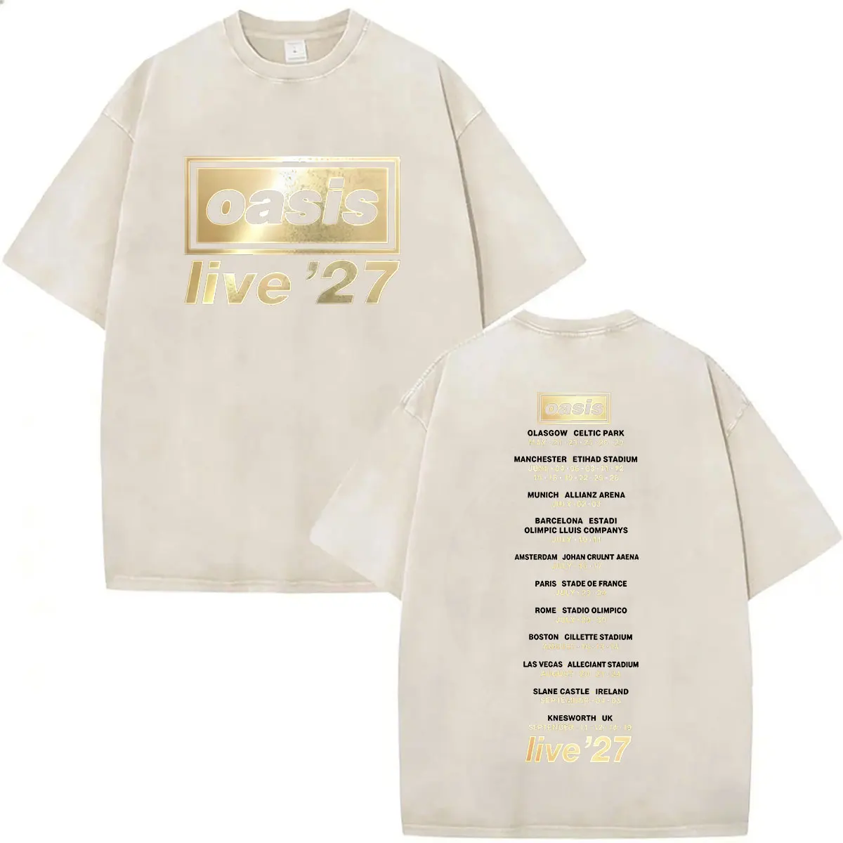 Rock Band O-Oasis Live 27 Tour Vintage Washed T Shirt Men's Hip Hop Punk Short Sleeve T-shirts Gothic Fashion T-shirt Streetwear