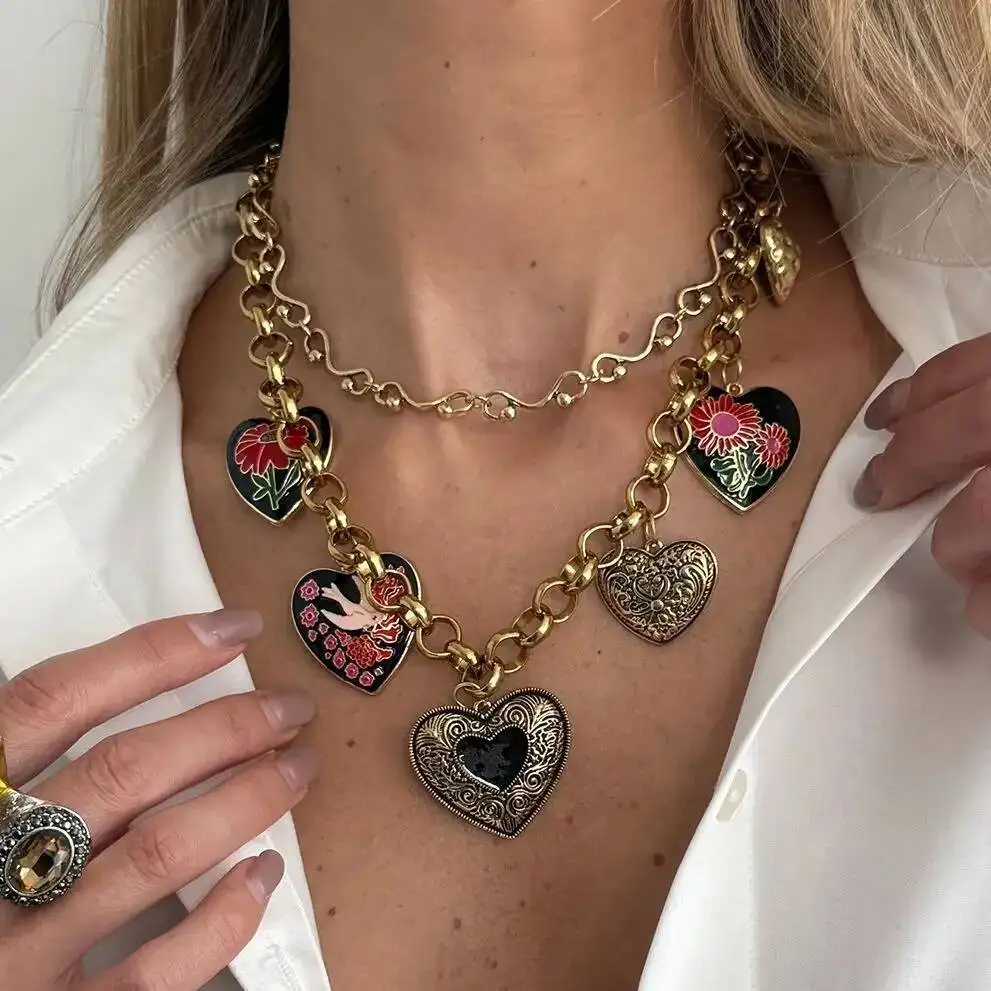 Ingemark Exaggerated Vintage Enamel Pattern Flower Big Love Heart Pendant Necklaces Women Creative Luxury Neck Chain New Jewelry