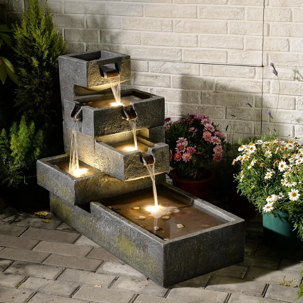 

Water Fountain Outdoor Garden Waterfall Freestanding Cascade Tiered Fountains Water Feature with LED Lights for Patio Backyard P