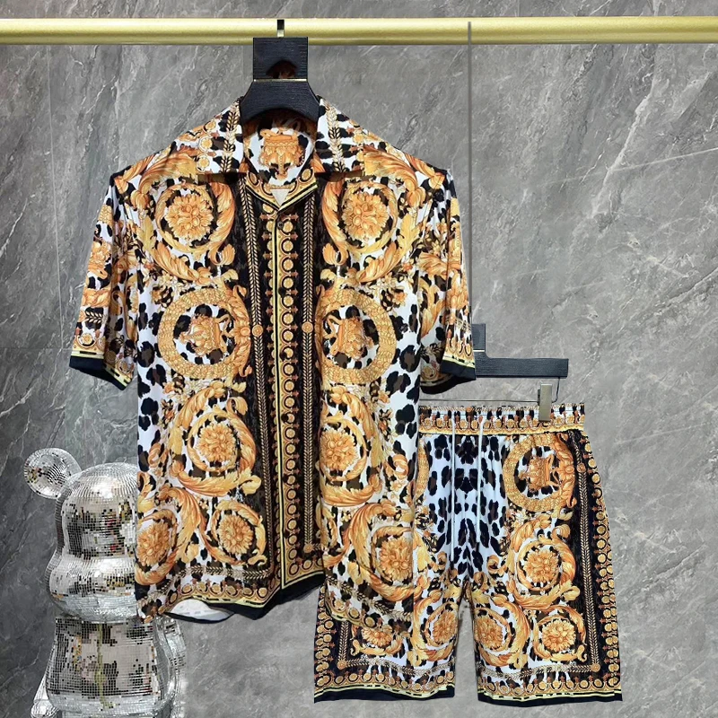 

Vintage Hawaiian Shirt Men Printed Beach Shirt+Short Summer Casual Short Sleeve Set Button Down Print Shirt Tracksuit Men Set