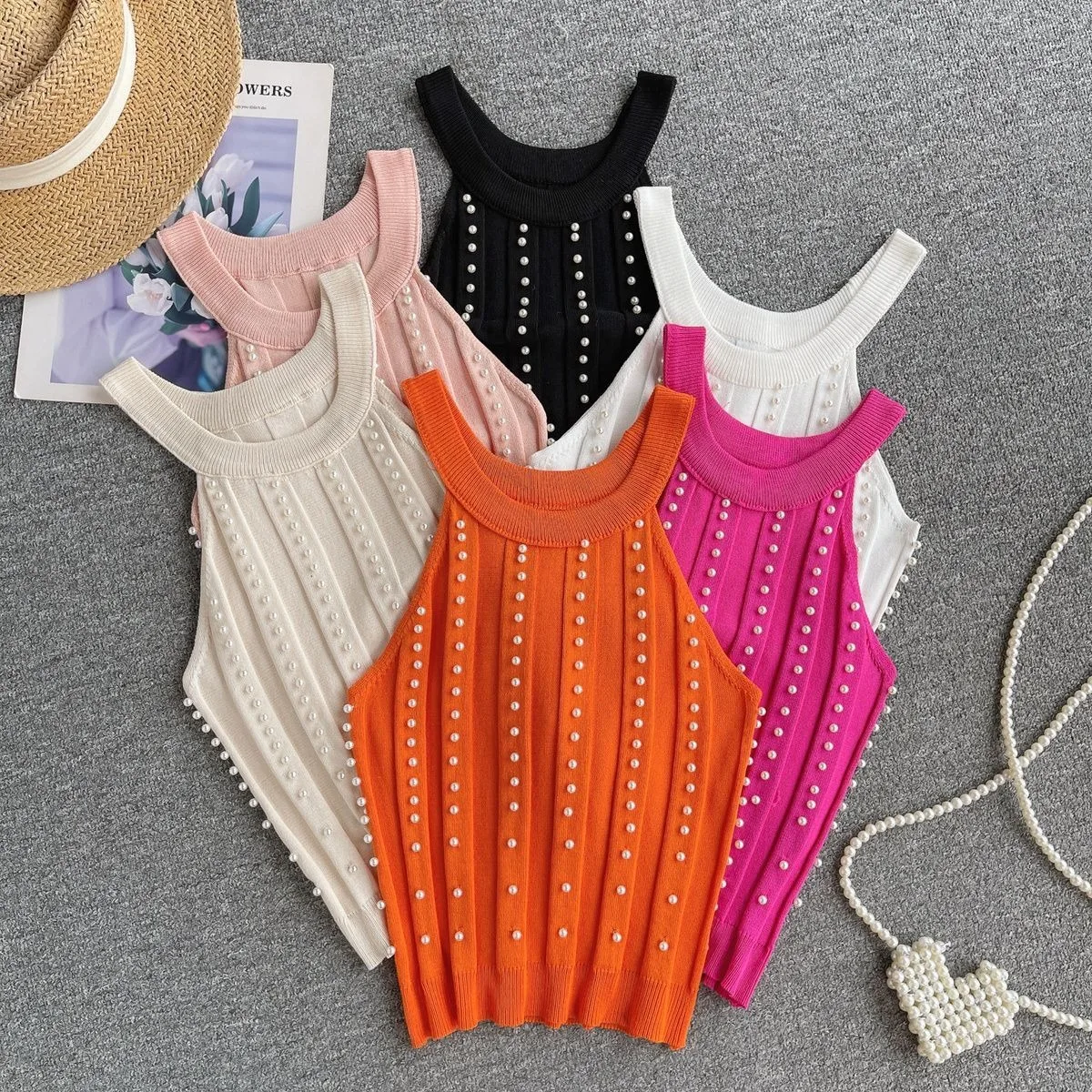 Women Tank Top Elegant Pearl Spring Summer Knitted Camisole Top Rhinestones Crew Neck Beaded Casual Sleeveless Top