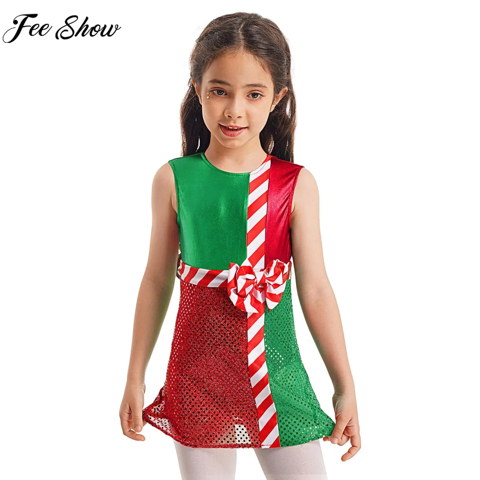 6-16Y Girls Christmas Dance Leotard Dress Kids Xmas Halloween Theme Party Santa Claus Cospaly Circus Stage Performance Costume