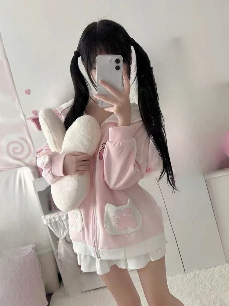 Japanese Sweet Cartoon Embroidery Hoddies Women Preppy Style Kawaii Fasion Hoody Jacket Y2k Aesthetic Grunge Pocket Sweatshirt - view 2