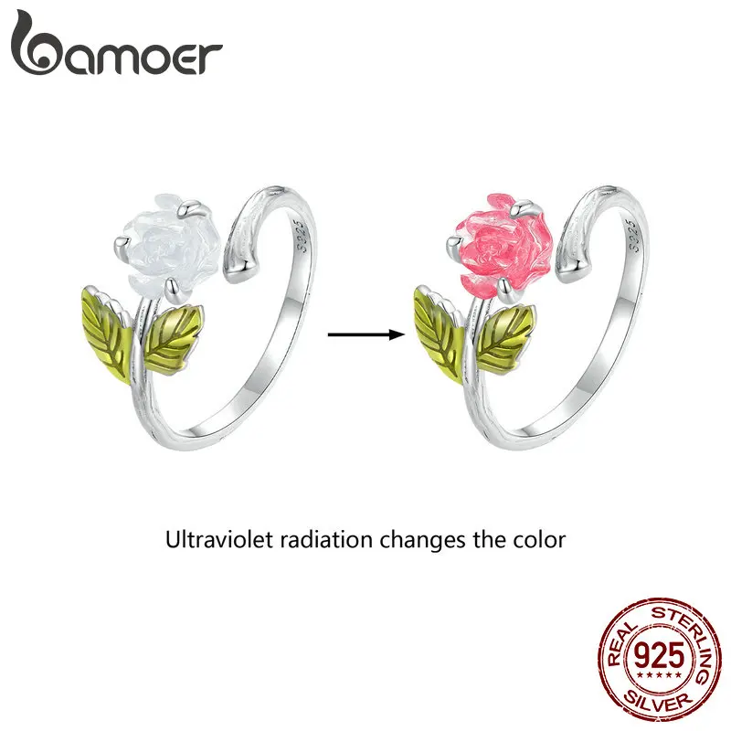 Bamoer 925 Sterling Silver Color Changing Rose Opening Ring Flower Adjustable Ring for Women Girls Original Design Fine Jewelry