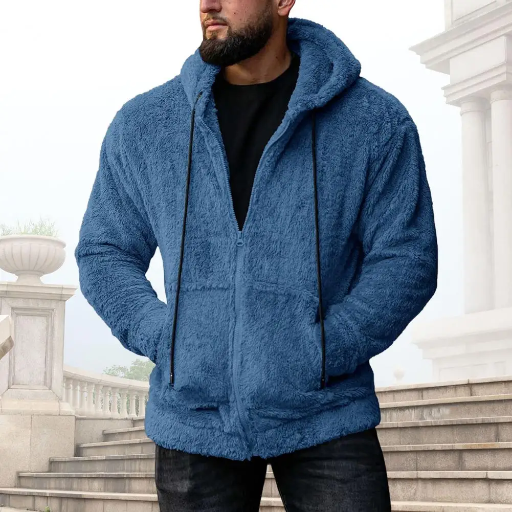 Winter Outdoor Coat Men's Winter Hooded Sweater with Zip-up Drawstring Pockets Thick Plush Solid Color Cardigan for Outdoor