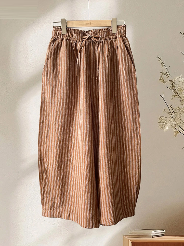 

Women Casual Linen Pants New Arrival 2025 Summer Vintage Style Striped Loose Comfortable Female Ankle-length Pants M1667