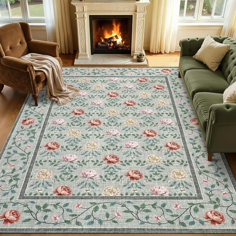 

Living Room Carpet Machine Washable Non-slip Floor Mat Vintage Bohemian Floral Rug Large Size Home Decor Carpets Alfombra 거실 카펫