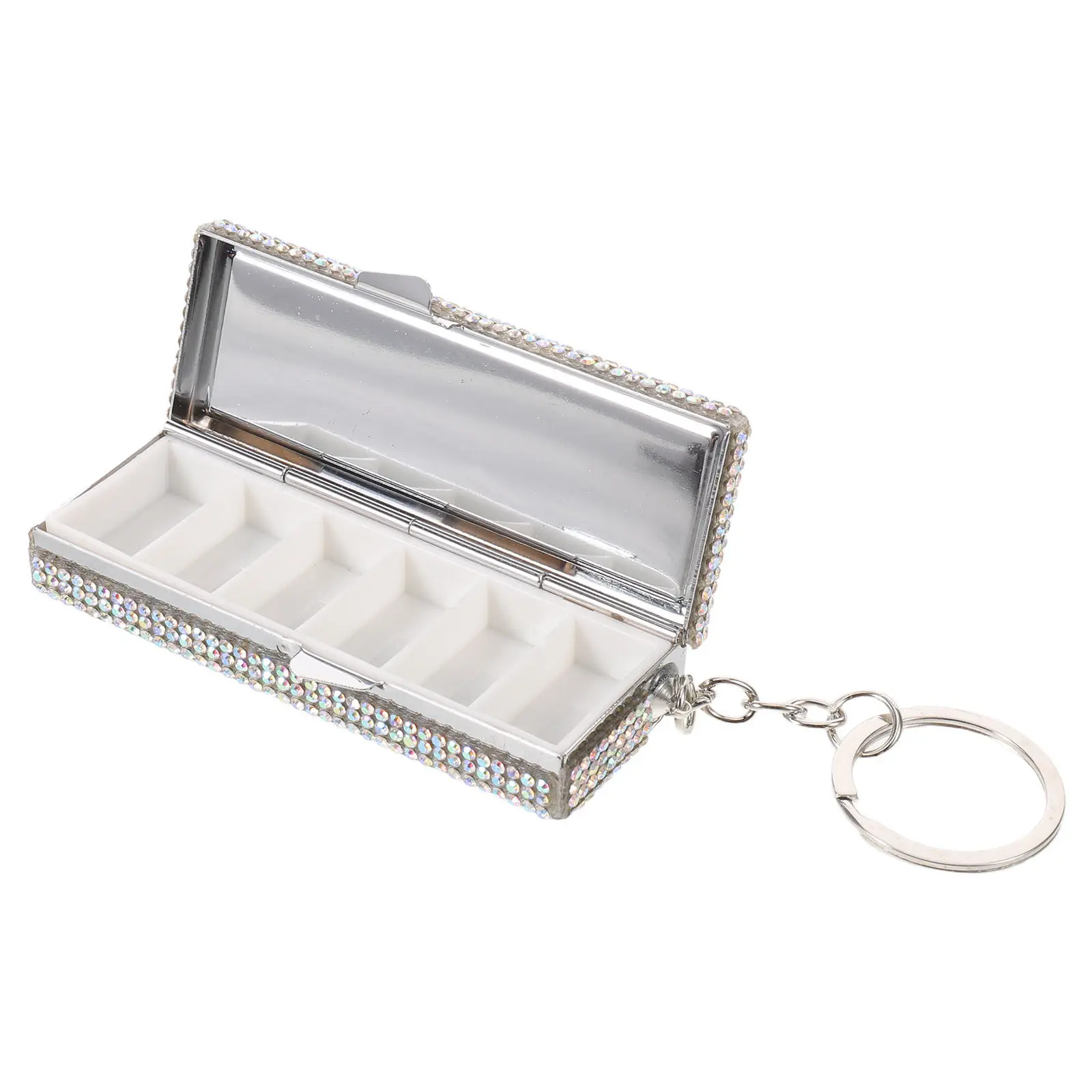 6 Compartment Rhinestone Bling Pill Box Portable Aluminum Alloy Waterproof Airtight Medicine Organizer Travel Keychain for Women