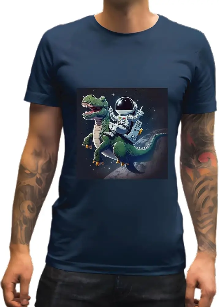 Prehistoric Space An Astronaut and a Dinosaur Travel through the Univers  High Quality 100%Cotton Short Sleeve