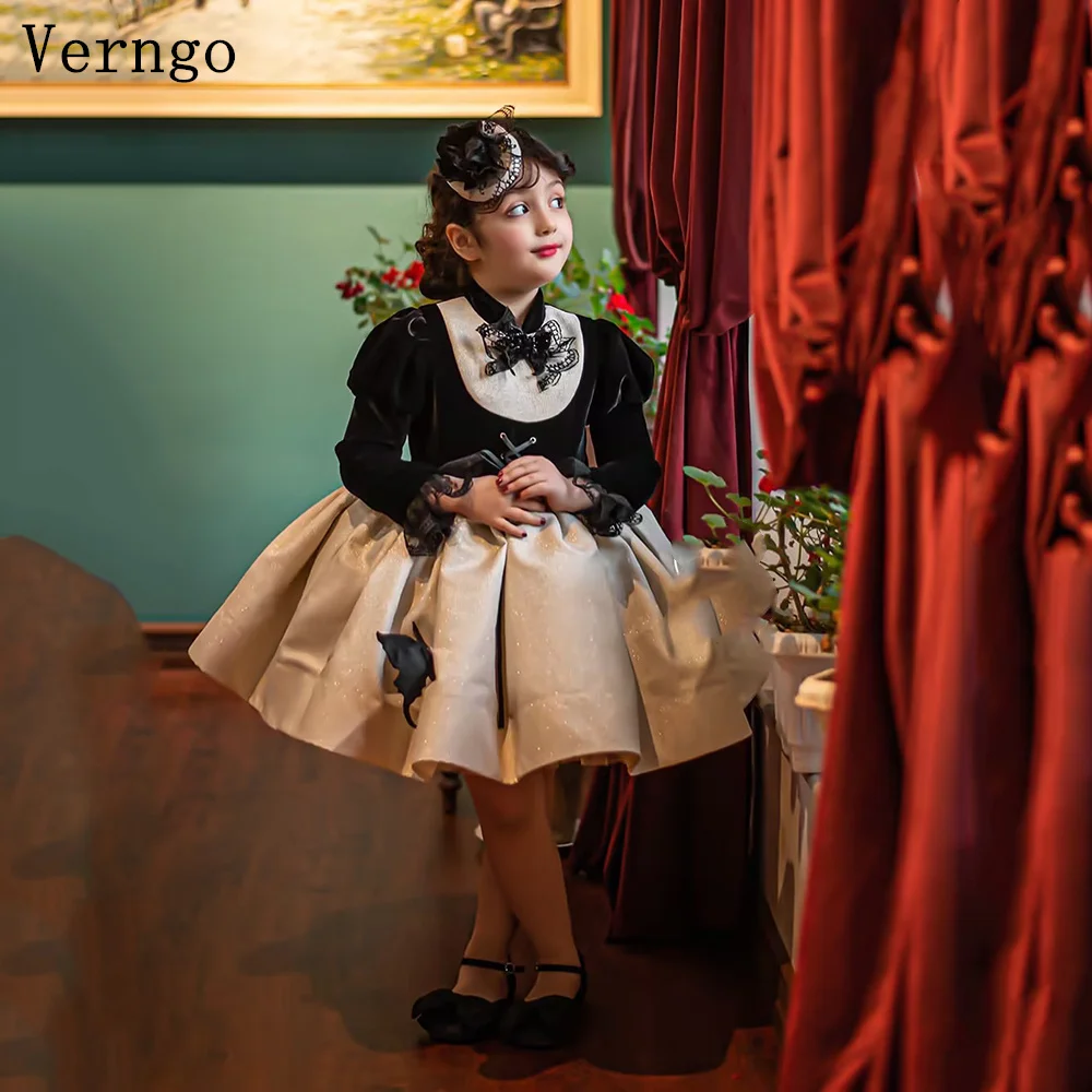

Verngo Black Velvet Birthday Party Dresses High Neck Full Sleeves A Line Girl Prom Gown A Line Bow Kid Dress Customized