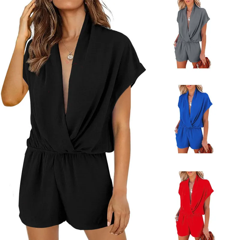 

2022 New cross-border solid color jumpsuit woman Summer V-neck cross pocket slim casual jumpsuit women Clothing Sexy bodysuit