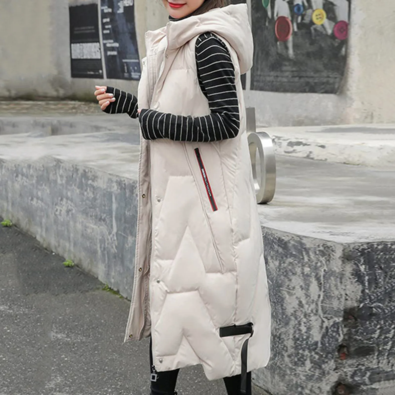 Women Sleeveless Vest Long Down Jacket Solid Korea Hooded Padded Vests Loose Females 2022 Lady Fashion Casual Zipper Winter Coat