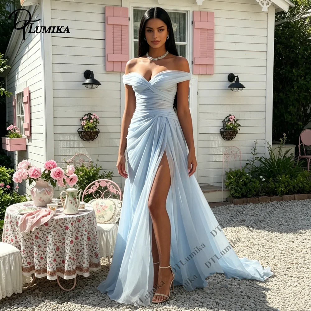Customized Women's Long Maxi Tulle Dress Off the Shoulder Sleeves A Line Summer Prom Gown Pleated Wedding Guest Party Gowns