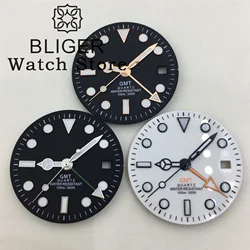 BLIGER 29mm RONDA 515 Quartz Watch Dial Black White Dial With Hands Green Luminous Fit RONDA 515-24H GMT Quartz Movement