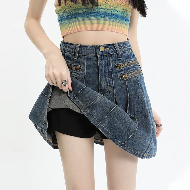 

Denim Pleated Skirts Women High Waist Zipper Chic Designed Vintage Summer Y2k Harajuku Streetwear Skirt