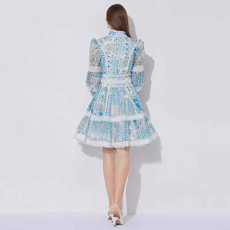 Ele Lace Splicing Print Taille-Cinching Lantern Sve Dr mid Taille Europese Organza Long Sve ort Dr f High...