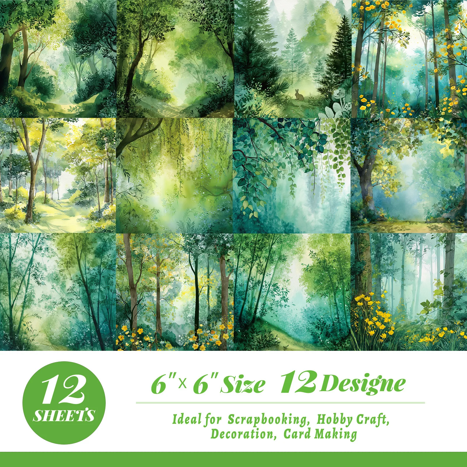 12 Sheets 15*15cm of Forest Oil Painting Material Color Paper Creative Simple Handbook Base Paper Material Colorful Paper Sheets