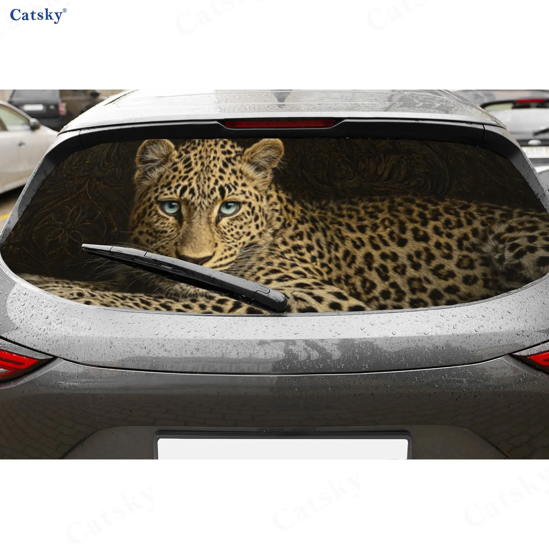 

Wild Blue-Eyed Leopard PVC Perforated Car Vinyl Wraps, Durable Car Rear Windshield Sticker, Waterproof Car Rear Window Decal, Pr