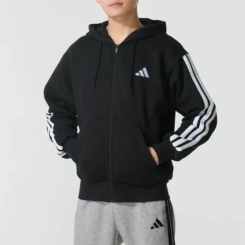 Adidas Men Black White Contrast Fleece Hooded Windproof Knitted Casual Sport Jacket JD1870