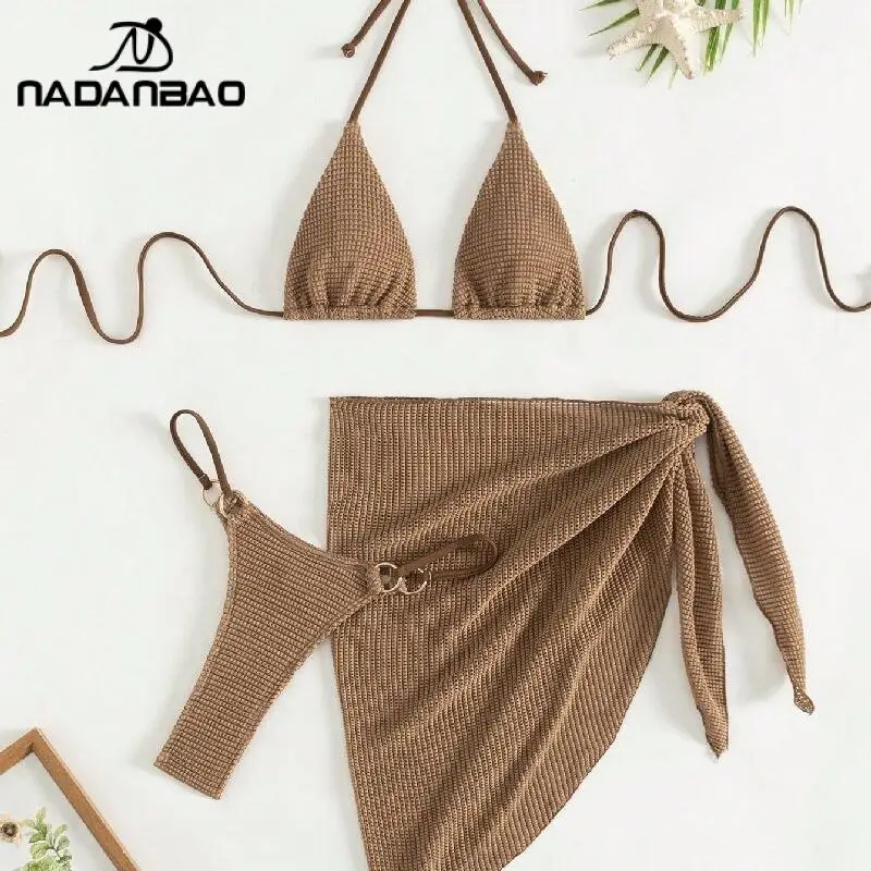 Nadanbao Set bikini marrone sexy moda bikini a triangolo halter 3 pezzi tinta unita scollo a V costume da bagno casual da spiaggia abbigliamento da donna