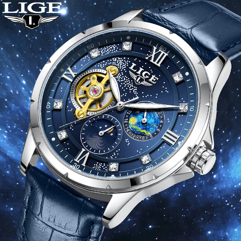 

LIGE механические мужские часы, роскошные деловые часы с турбийоном, полые часы с фазой Луны, кожаный ремень, модные водонепроницаемые часы для мужчин, новинка
