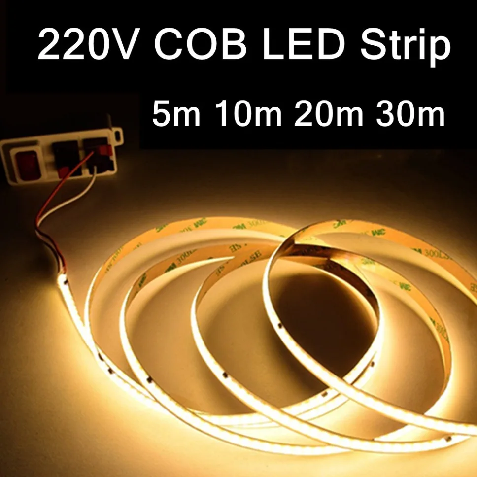 5m 10m 20m 30m COB LED Strip Light 220V Flex Tape Lamp with IC Chip High Bright 240 LEDs Linear Lighting RA90 Warm Natural White